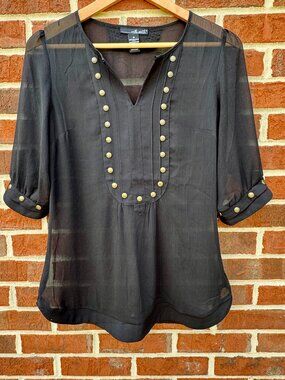 Willi Smith Chiffon Blouse Medium Black Sheer Gold Stud Detail V-Neck